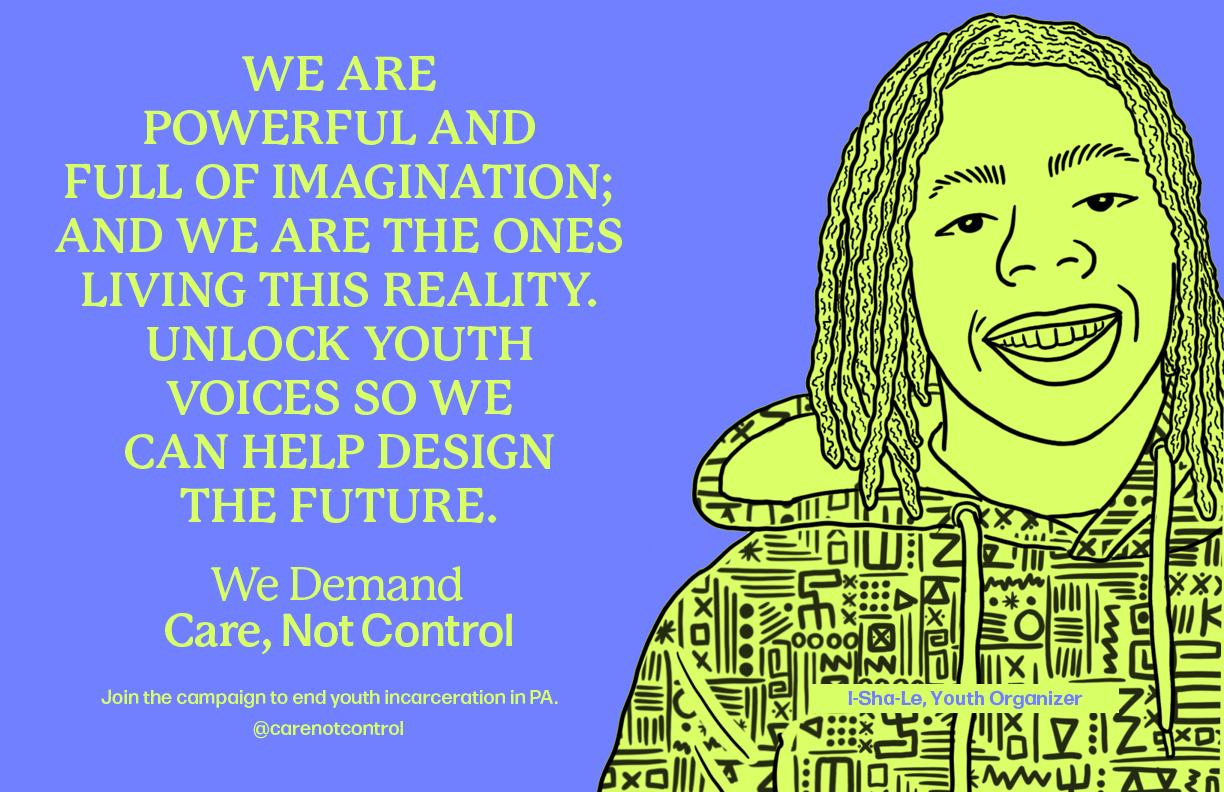 Line drawing of young Black man with dreads in green on purple background. "We are powerful and full of imagination, and we are the ones living from reality. Unlock youth voices so we can help design the future." - I-Sha-Le, youth organizer